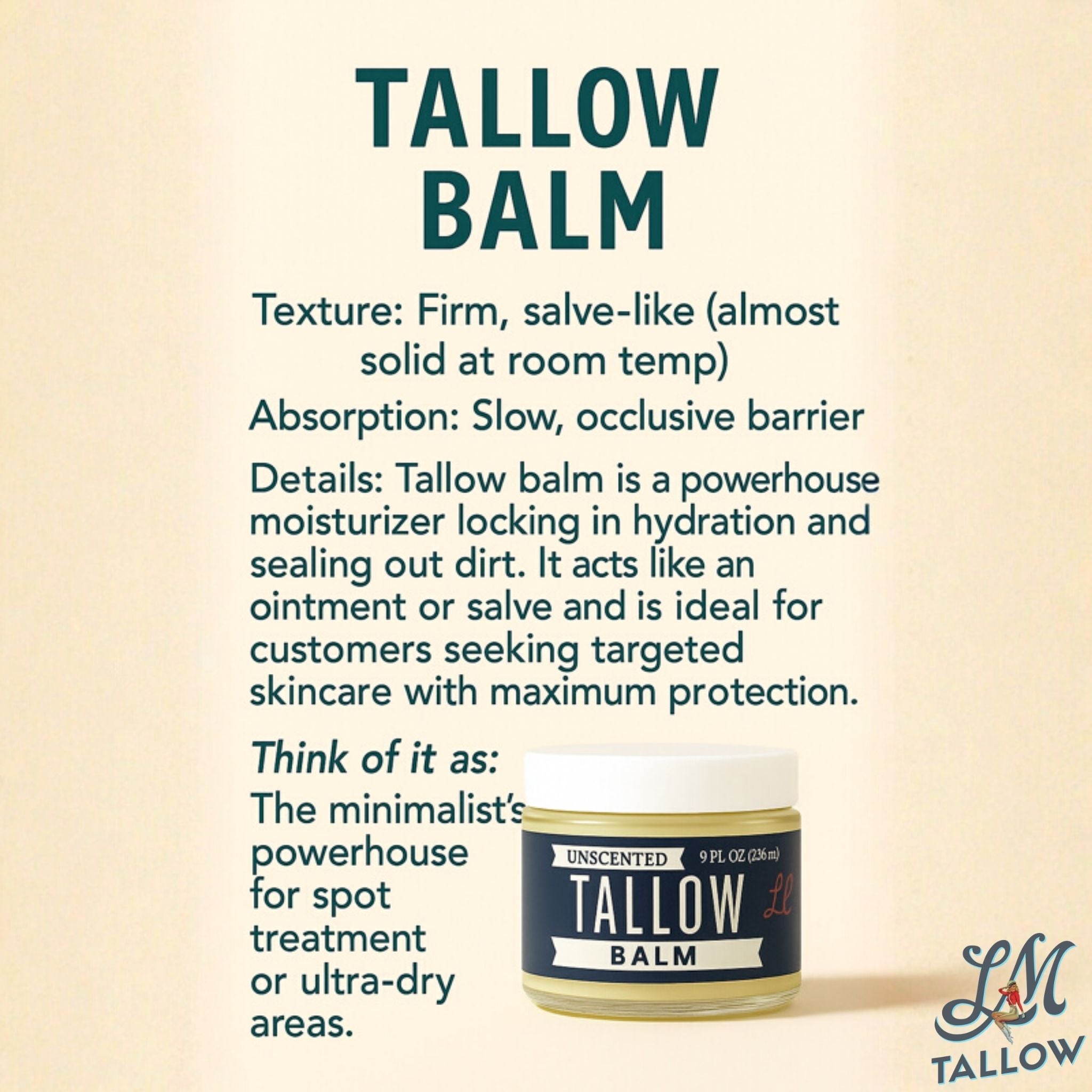 Unscented Tallow Balm - Grass-Fed Beef Tallow Face & Body Moisturizer - 2oz